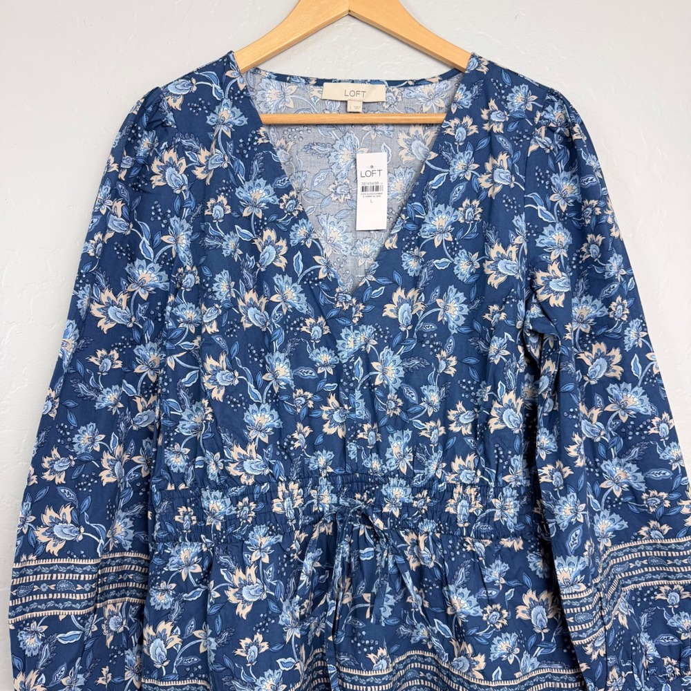 LOFT Blue Cotton Blend Floral Tiered Maxi Dress Long Sleeve V-Neck Boho L NWT - Picture 3 of 12